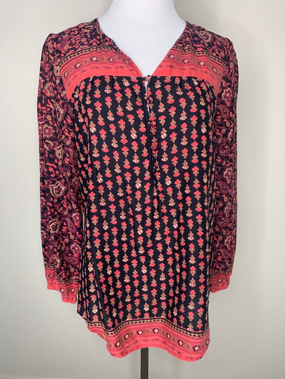 Lucky Brand Floral Mixed Pattern Top Tunic Sz Small Red Pink Black